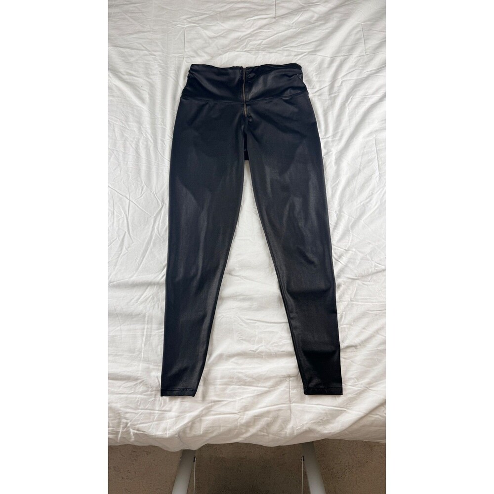 Women's Black Wet Look Faux Leather Leggings High Waisted Back Zip Size S/M